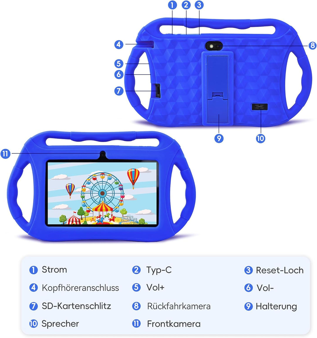 Veidoo Kinder Tablet 7 Zoll Android Tablet 32GB, WiFi, GMS, Dual-Kamera, Elterlicher Kontrolle, Lern