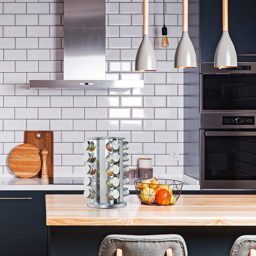 Relaxdays Gewürzkarussell mit 20 Gewürzgläsern, 360° drehbar, Gewürzdosen zum Streuen, 34,5 cm hoch,