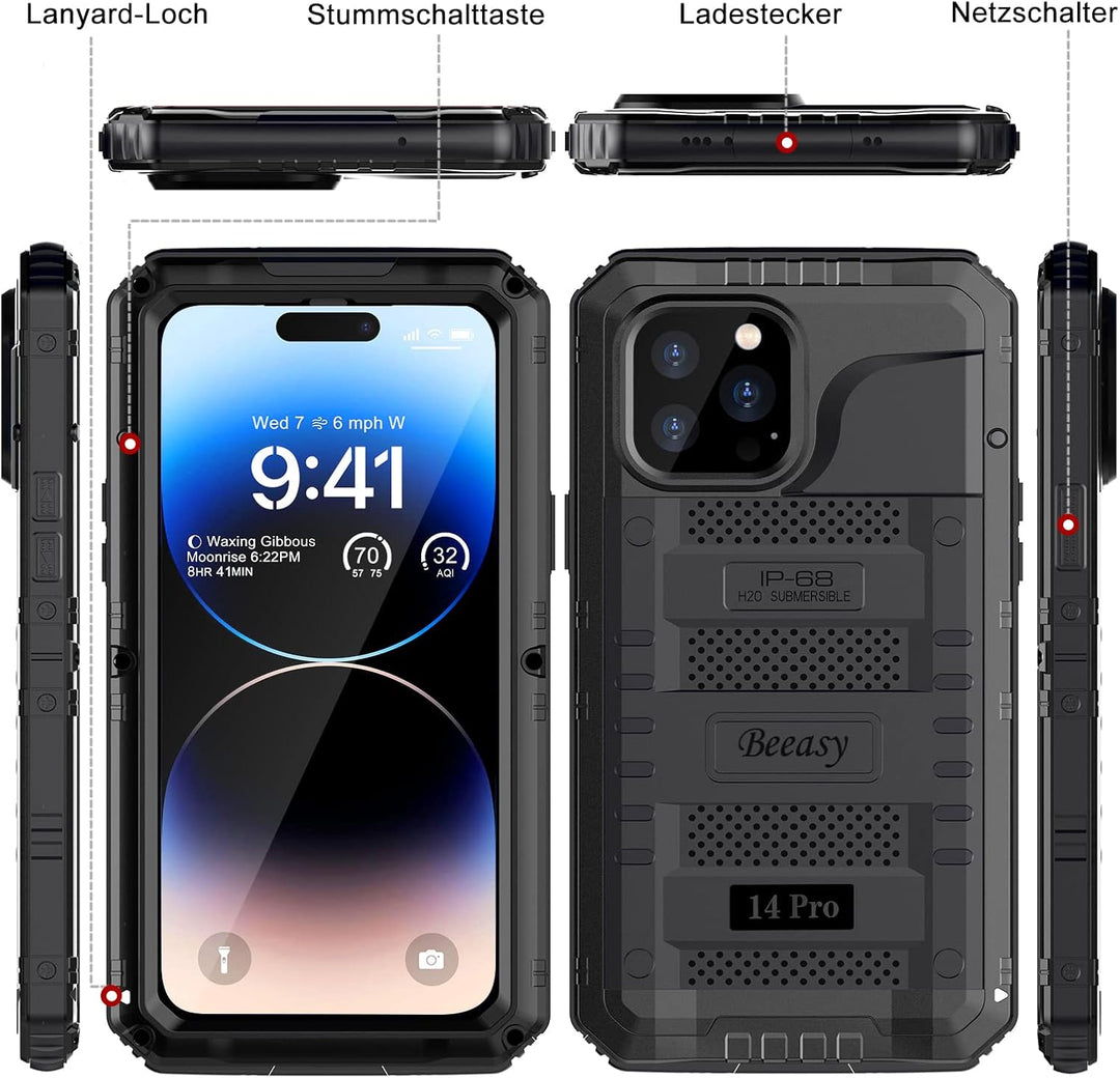 Beeasy für iPhone 14 Pro Wasserdicht Outdoor Hülle (6,1"), Stossfest Panzerhülle Militär 360 Grad Sc