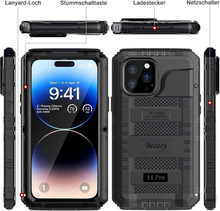 Beeasy für iPhone 14 Pro Wasserdicht Outdoor Hülle (6,1"), Stossfest Panzerhülle Militär 360 Grad Sc