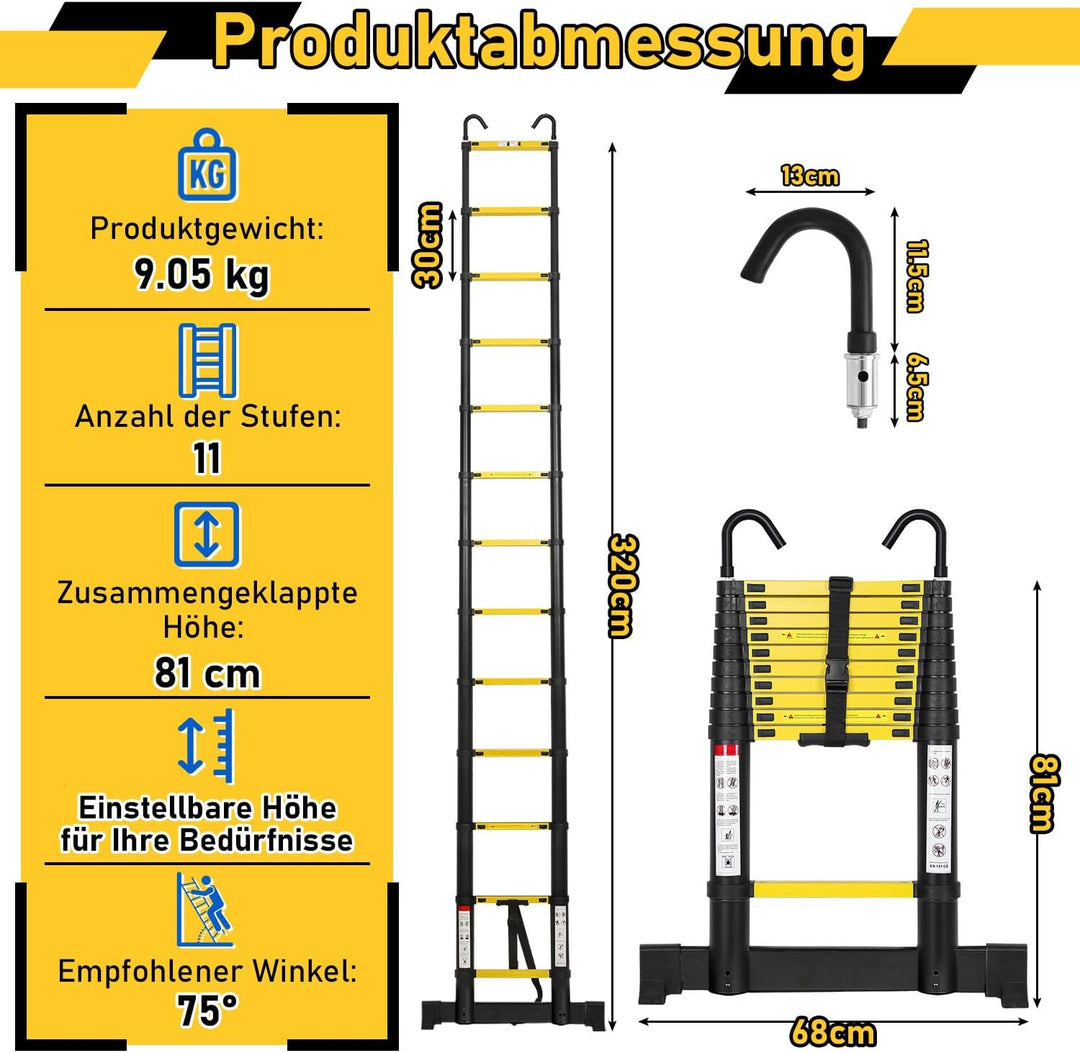 Ansobea 3.2M Klappleiter Teleskopleiter für treppe Rutschfester Multifunktionsleiter Schiebeleiter A
