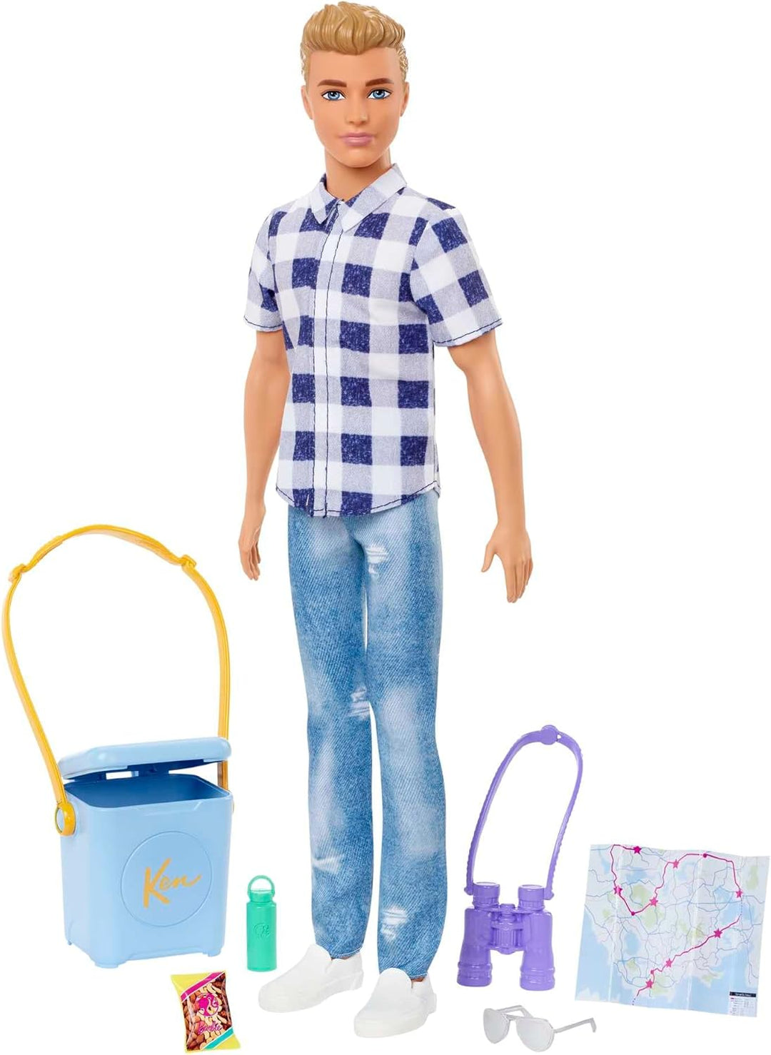Barbie Camping Serie, Ken Puppe mit braunen Haaren, Landkarte, Fernglas, Camping Zubehör, Aufkleber,