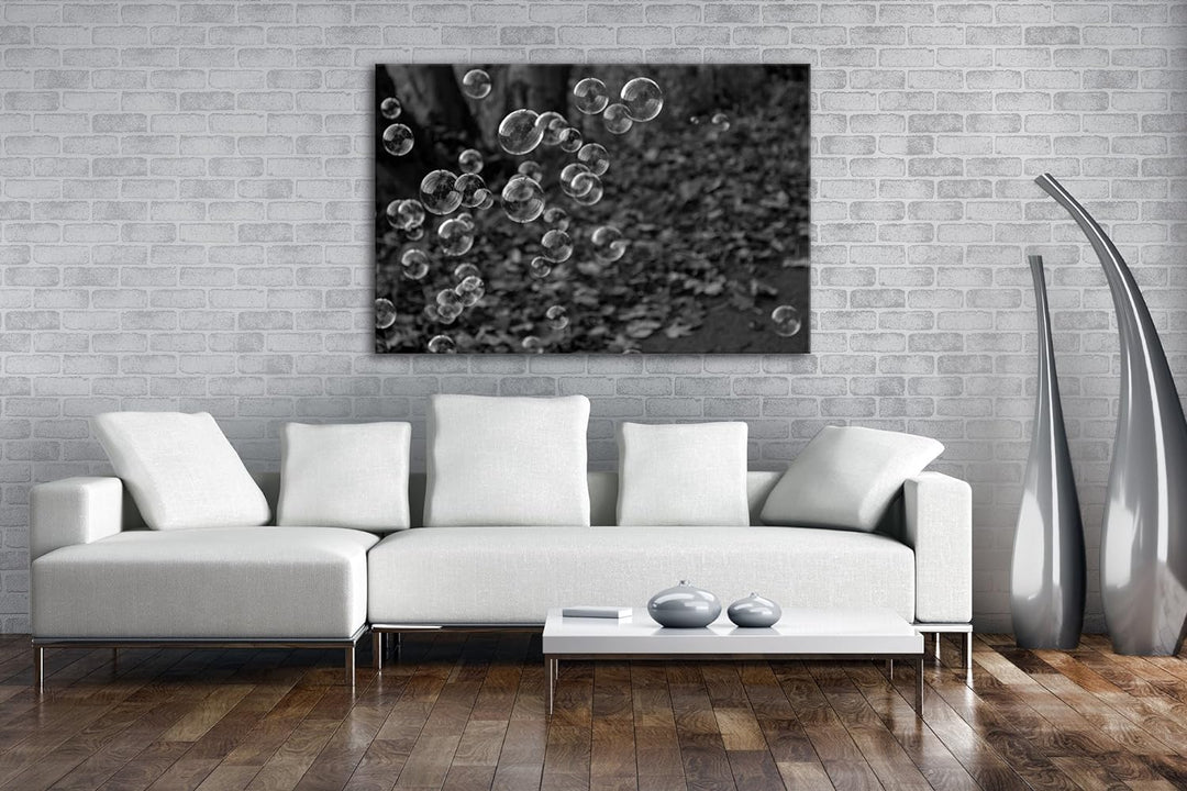 deyoli schöne Seifenblasen im Wald Effekt: Schwarz/Weiss Format: 80x60 als Leinwandbild, Motiv ferti