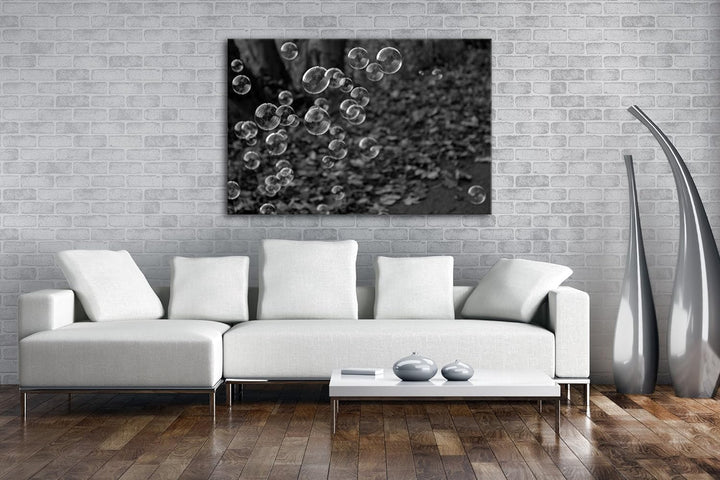 deyoli schöne Seifenblasen im Wald Effekt: Schwarz/Weiss Format: 80x60 als Leinwandbild, Motiv ferti