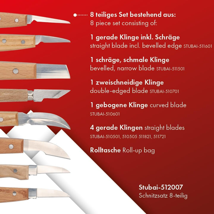 STUBAI Schnitzersatz 9-teilig in Rolltasche | Schnitzmesser mit Holzheft, Holzschnitzwerkzeug für fe