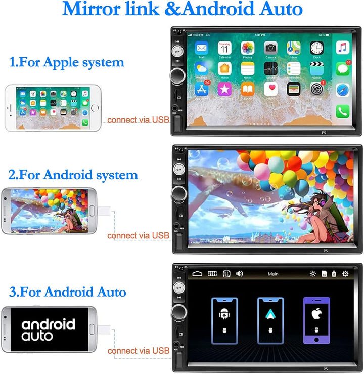 CAMECHO Autoradio Doppel Din mit 7 Zoll Bildschirm,MP5 Player mit Android Auto/Bluetooth Freispreche