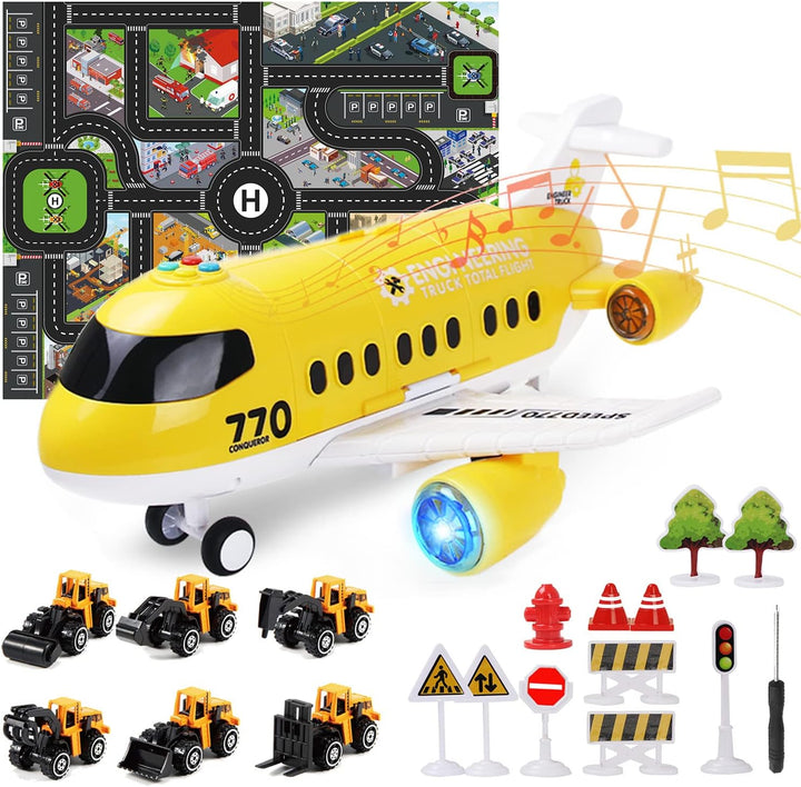 Coolplay Flugzeug mit Auto Baufahrzeuge für Kinder, Transporter Spielzeugautos Geschenk Flugzeug Spi