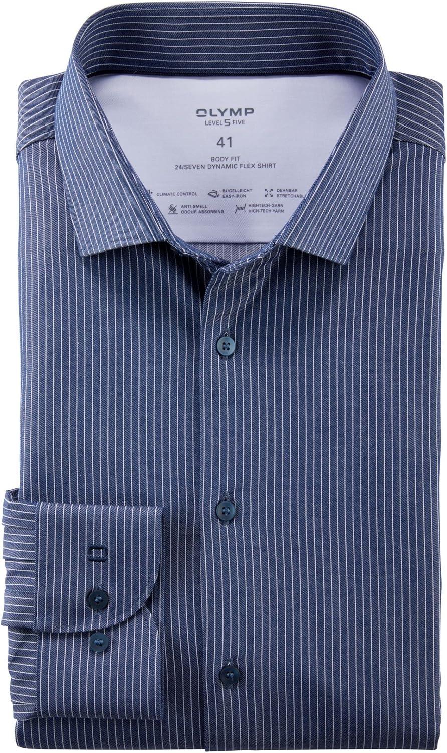 OLYMP Herren Businesshemd Langarm Level Five 24/Seven,Body fit,Modern Kent 37 Marine 18, 37 Marine 1