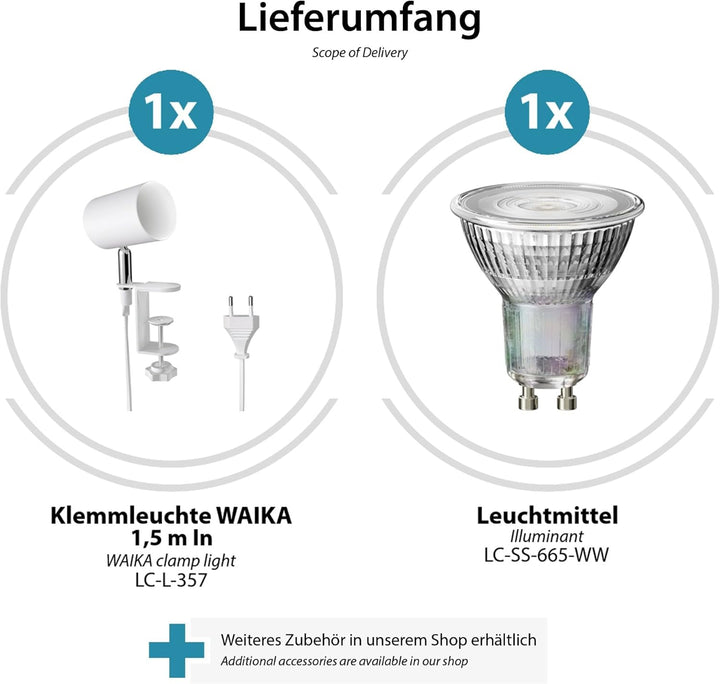 ledscom.de Klemmlampe WAIKA, Schalter, weiss matt, inkl. LED GU10 Lampe, 3-Stufen Dimmen: max. je 37