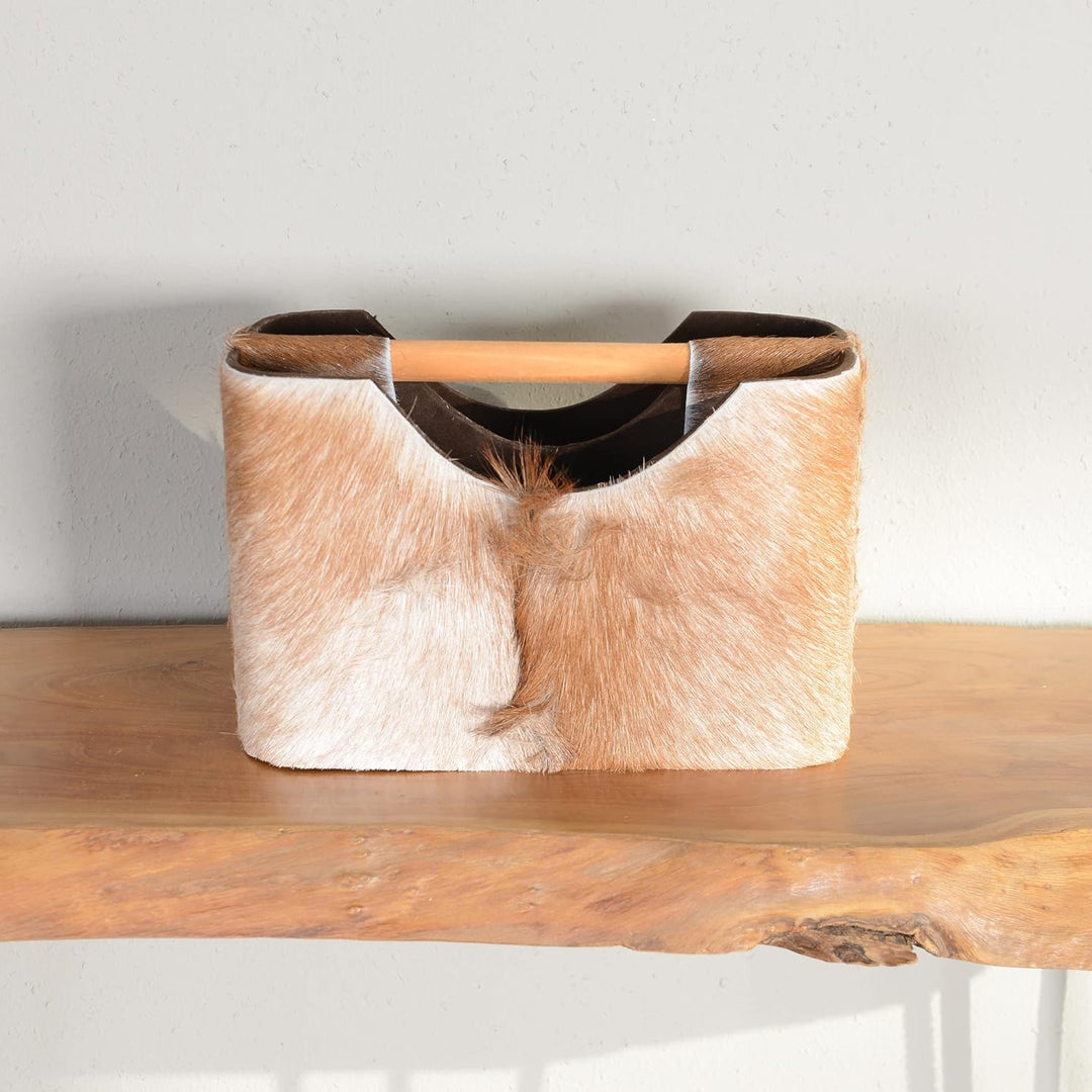 wohnfreuden Ziegenfell Zeitungsständer eckig braun 30 cm - Holz Zeitungshalter Korb klein