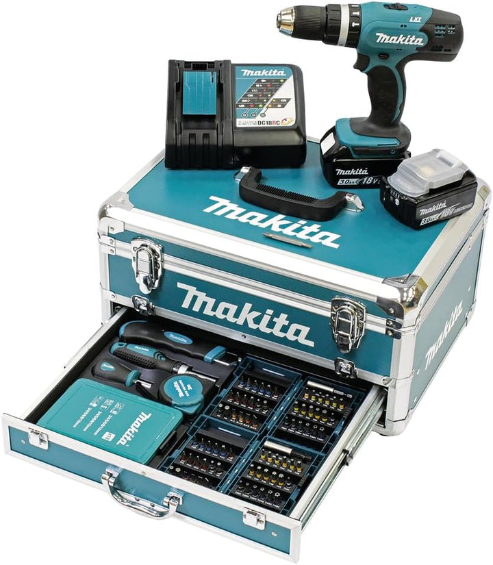 Makita DHP453RFX2 Akku-Schlagbohrschrauber 18 V / 3,0 Ah im Alukoffer + 96tlg. Zubehör-Set, Blau/Sil
