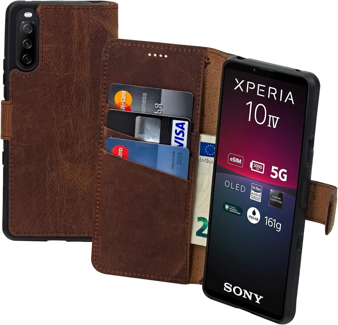 Suncase Book-Style Hülle kompatibel mit Sony Xperia 10 IV (2022) Leder Tasche (Slim-Fit) Lederhülle