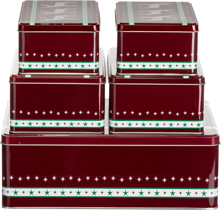 Brandsseller 5er Set Keksdose rechteckig Weihnachtsdose Plätzchendose Gebäckdose Metall Rentier 5er