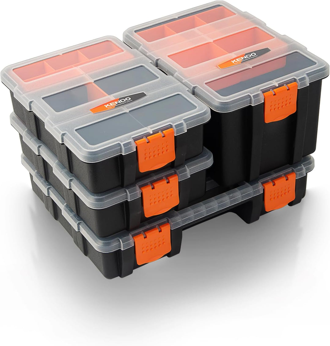 KENDO Sortimentskasten Set – 4-teilig – 49x Fächer – Werkzeugkasten – Für Kleinteile und Werkzeug 38