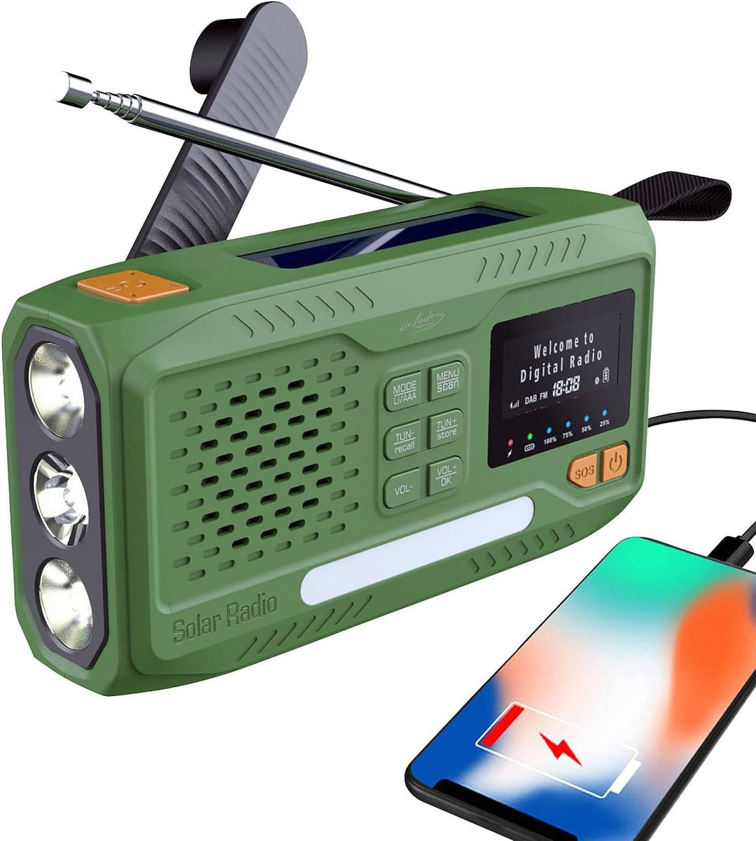 infactory Notfallradio: Mobiles DAB+-Kurbelradio mit EWF, Solarpanel, LED, USB, Bluetooth 5 (Radios,