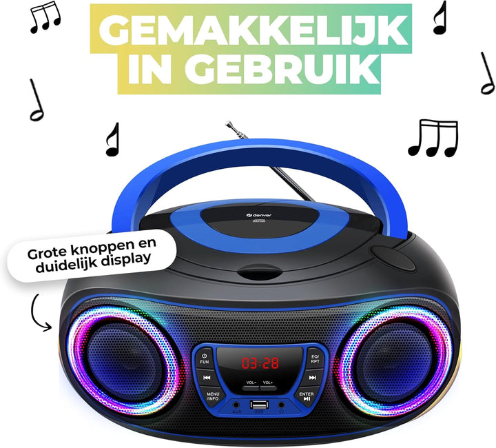 Denver TCL212BT Radio mit Bluetooth, Bluetooth Radio mit Lichteffekte, Tragbarer CD player, AUX, USB