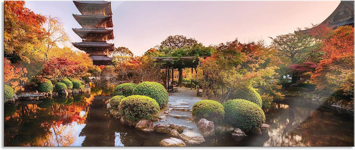 Glasbild Panorama | Wandbild aus Echtglas | See im Herbst vor japanischem Tempel | 100x40 cm | inkl.