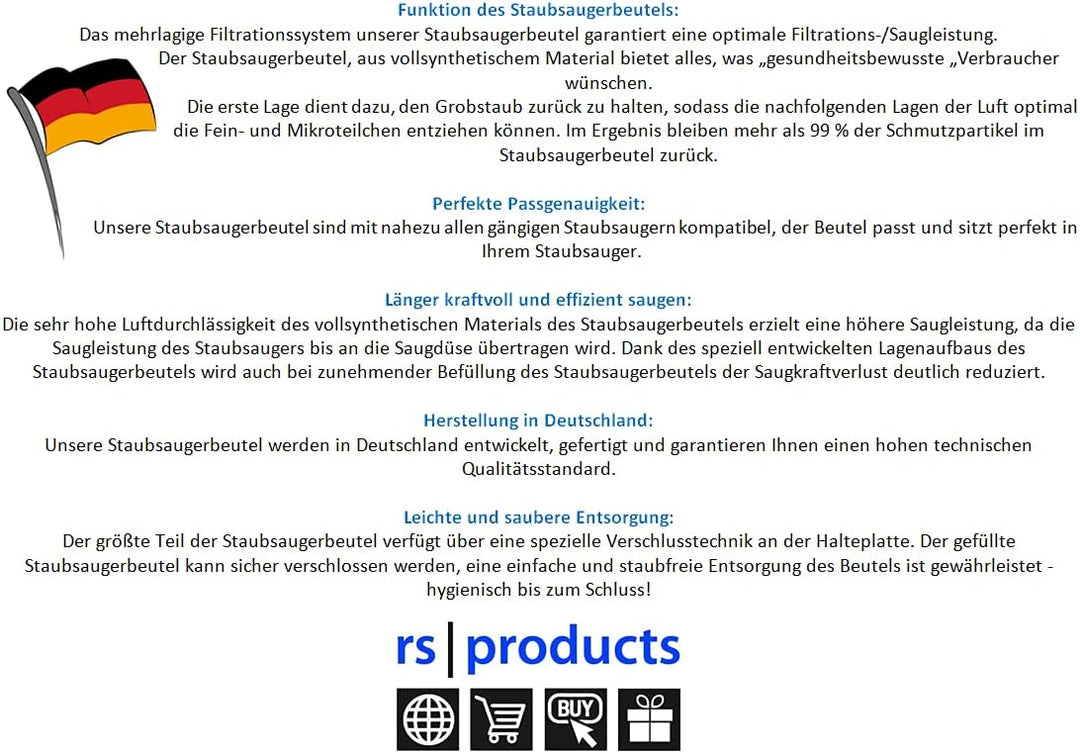 rs-products I 50x Staubsaugerbeutel kompatibel zu Swirl X351 / X 651, passend für Hoover Freespace,