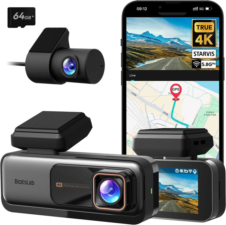 BOTSLAB Dashcam Auto Vorne Hinten, 4K Dashcam Auto GPS mit WiFi, Dual Autokamera mit 64GB SD Karte,