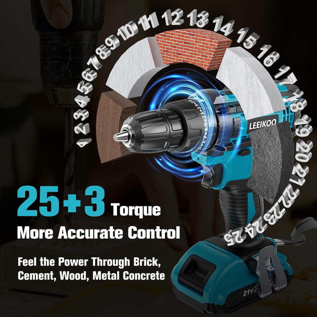 LEEIKOO Akkuschrauber 21V, Akku Bohrschrauber mit 2 Akkus 2.0Ah, 42N.m Akku Bohrmaschine, 25+3 Drehm