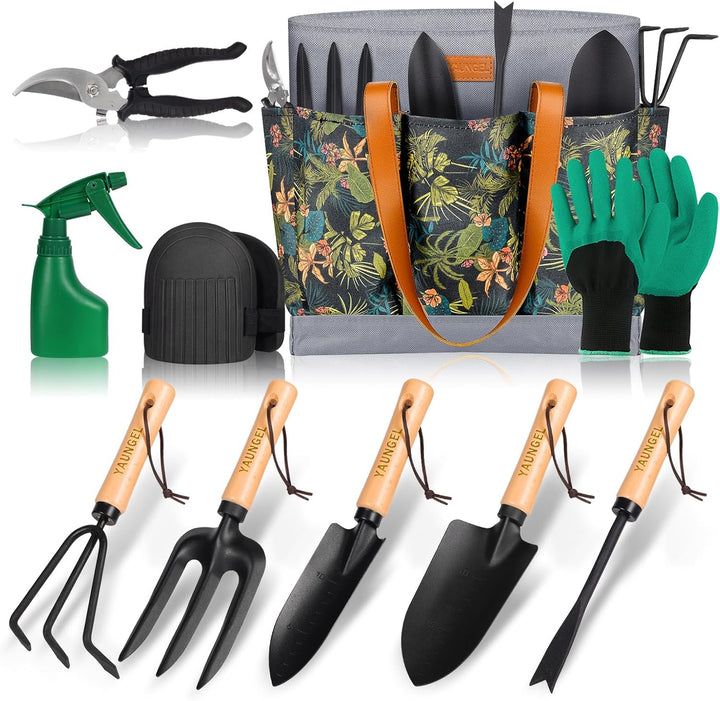 YAUNGEL Gartenwerkzeug Set, 10 Stück Schwerlast Edelstahl Gartenarbeit Kit mit Non-Slip Holzgriff- G