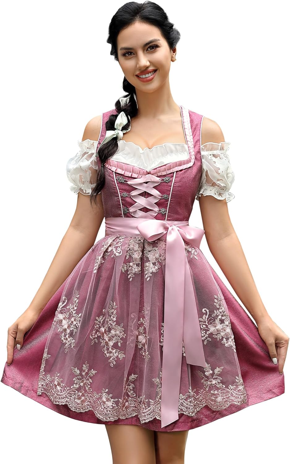 KOJOOIN Dirndl Damen Kurz Trachtenkleid 3tlg. Midi Dirndl für Oktoberfest DREI Teilig: Dirndlkleid,S
