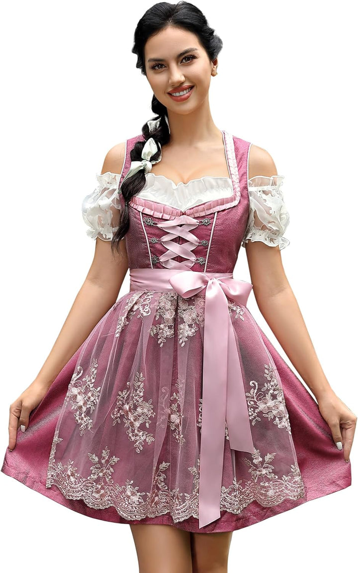 KOJOOIN Dirndl Damen Kurz Trachtenkleid 3tlg. Midi Dirndl für Oktoberfest DREI Teilig: Dirndlkleid,S