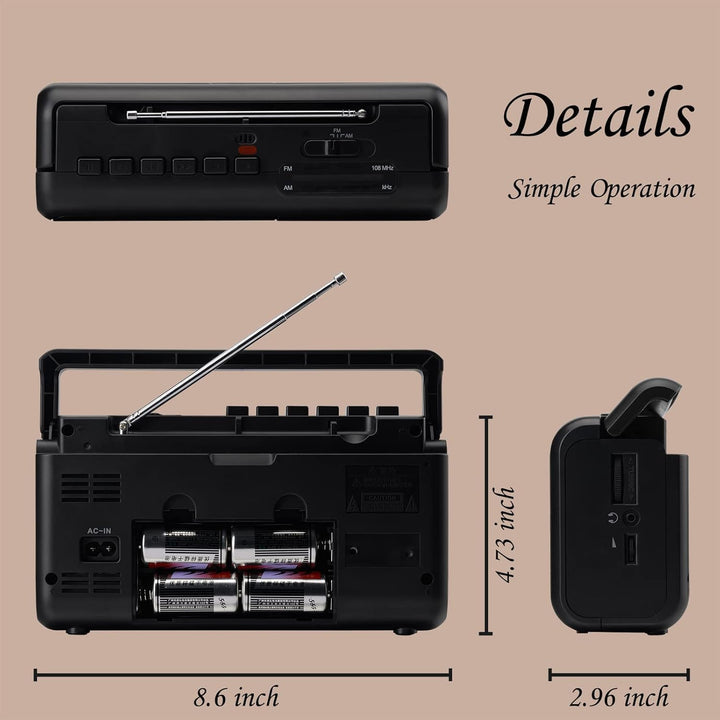 Tragbarer Kassettenplayer Boombox mit AM/FM Radio Stereo, Kassettenrekorder mit Kopfhöreranschluss,
