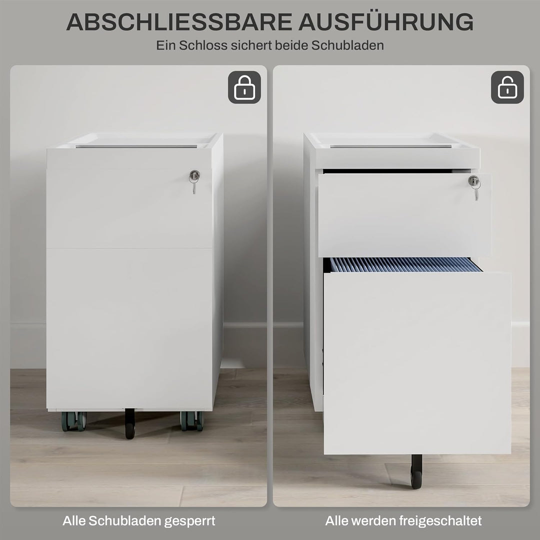 HOMCOM Rollcontainer mit 2 Schubladen, Aktenschrank mit Schloss, Oben Umschlag, Büroschrank für A4 L