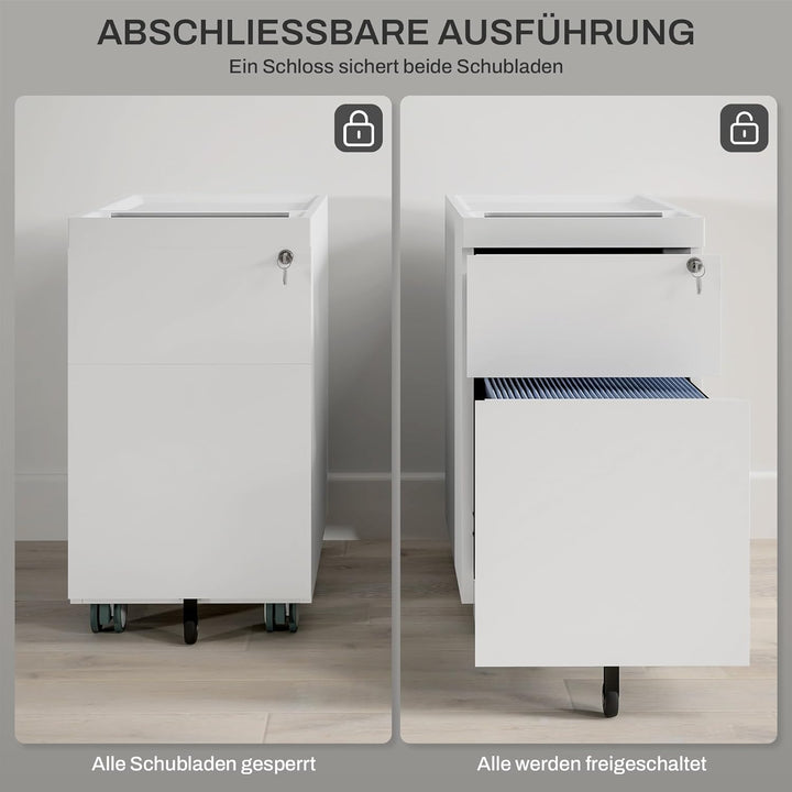 HOMCOM Rollcontainer mit 2 Schubladen, Aktenschrank mit Schloss, Oben Umschlag, Büroschrank für A4 L