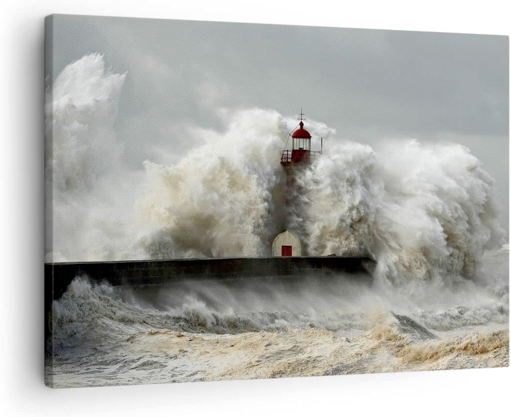 ARTTOR Bilder auf Leinwand Leuchtturm Ozean Sturm Leinwandbild 70x50cm Wandbilder Dekoration Wohnzim