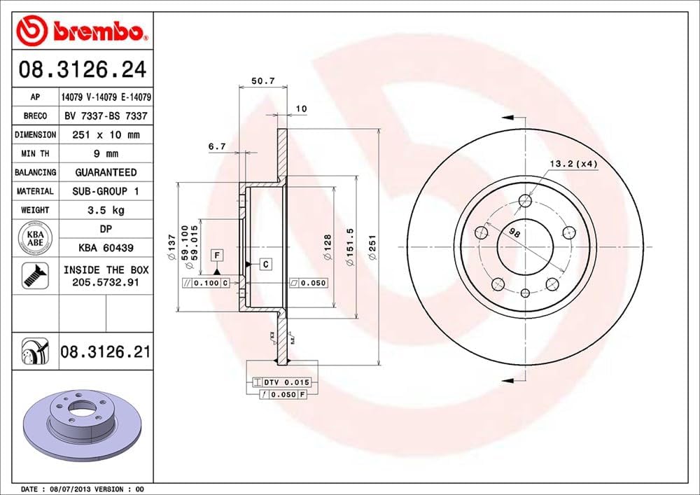 Brembo 08.3126.21 Hintere Bremsscheibe mit UV Lackierung, Anzahl 2