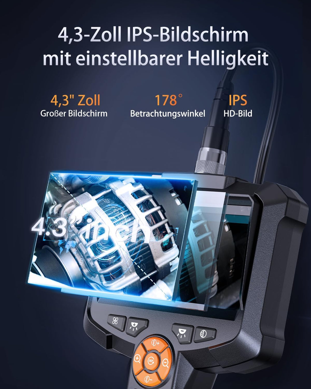 Endoskopkamera mit Licht, AOPICK 8mm IP67 wasserdichte Endoskop, 4.3" IPS Bildschirm Inspektionskame