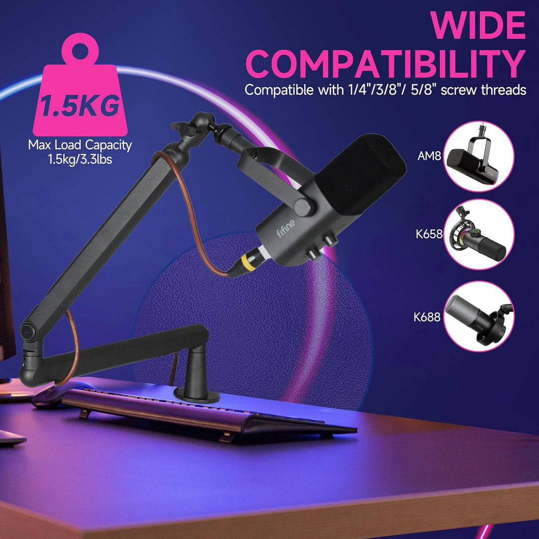 FIFINE Mikrofon Arm, flach einstellbarer Stangen Mikrofon Ständer mit Mikrofonclip, Schraubenadapter