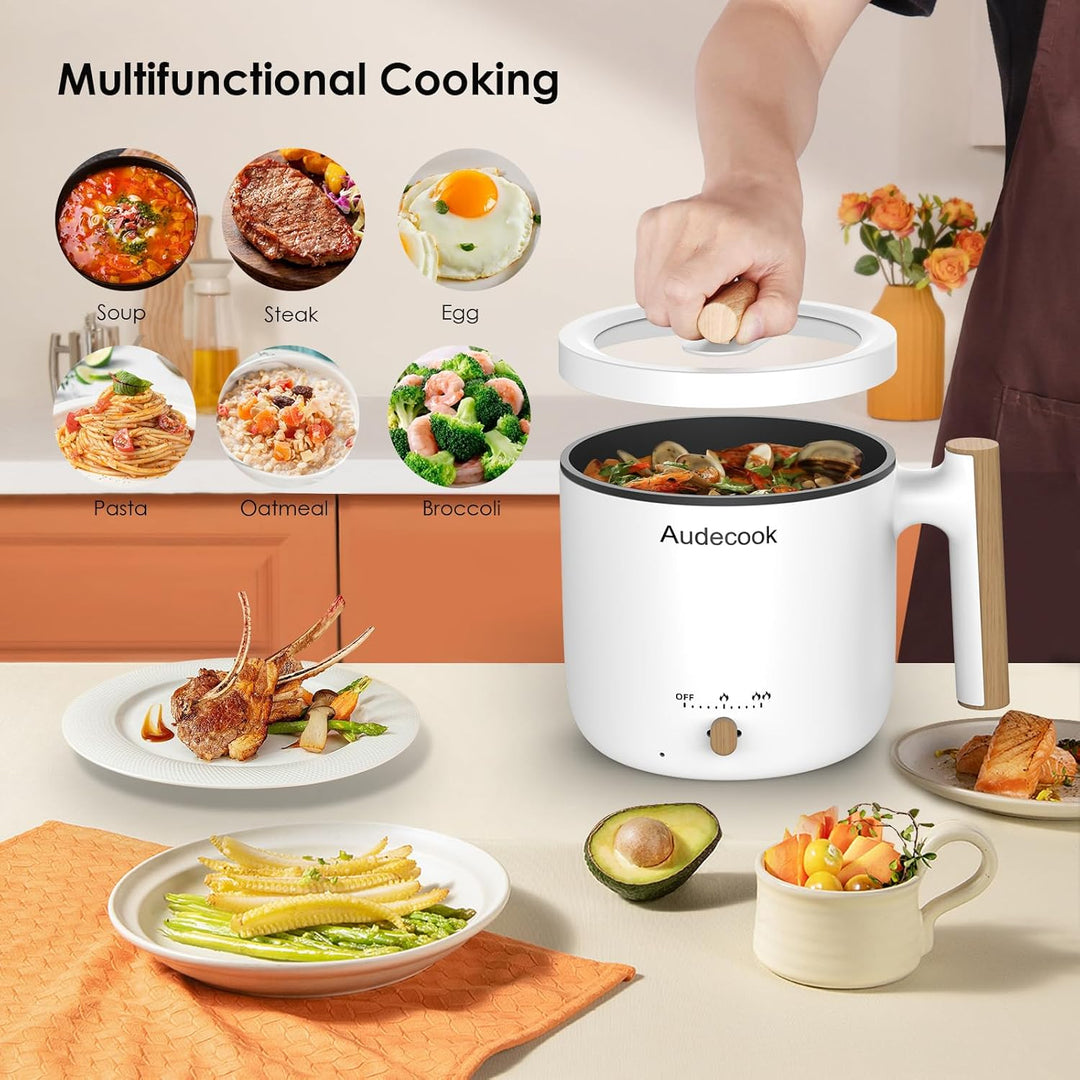 Audecook Elektrische Hot Pot, 1.8L Tragbare Mini Antihaft Multikocher, Schneller Ramen Kocher, Trave