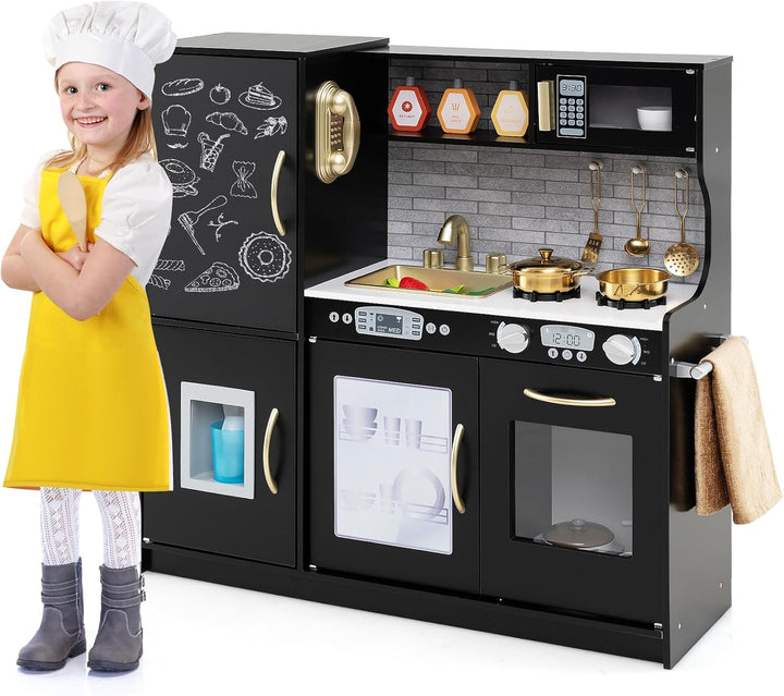 HOMASIS Spielküche mit 10 Zubehör, Kinderküche Holz, Spielzeugküche mit Tafel Spüle Herd Ofen Mikrow