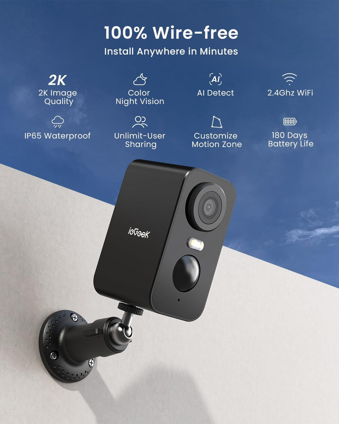 ieGeek (Type C 2K Überwachungskamera, Akku, WLAN Kabellose, aussen/innen mit farbige Nachtsicht,PIR-