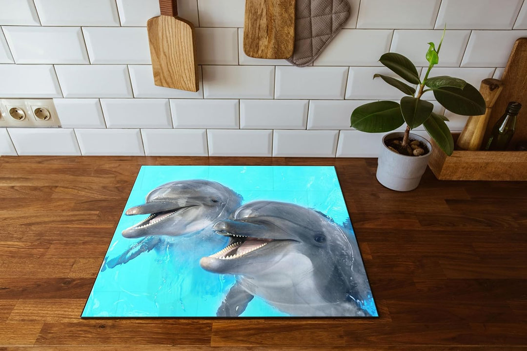 Delfinpaar Herdabdeckplatte & Spritzschutz aus Echtglas | Für Herd-Kochfelder | 60x52 cm