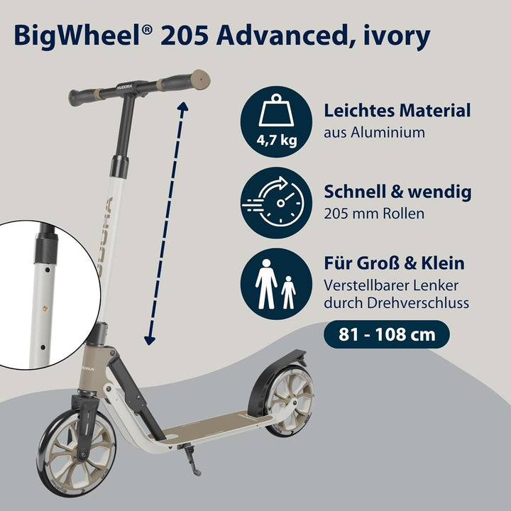 HUDORA BigWheel® 205 Advanced Scooter - Komfortabler Aluminium-Roller für bis zu 100kg - Höhenverste