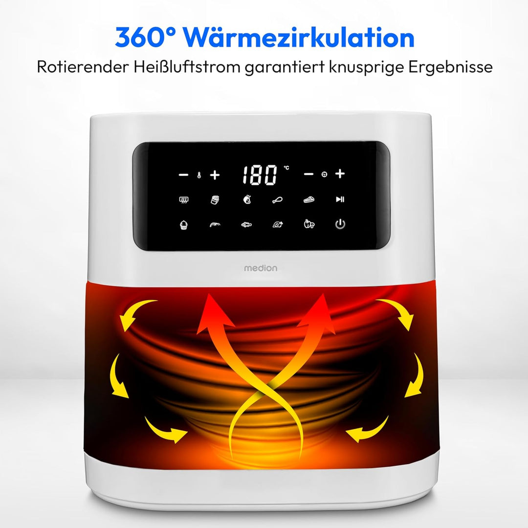 MEDION E40 XL Heissluftfritteuse (5,2 Liter Frittierkorb, 2.150 Watt, 9 Automatikprogramme, Backfunk