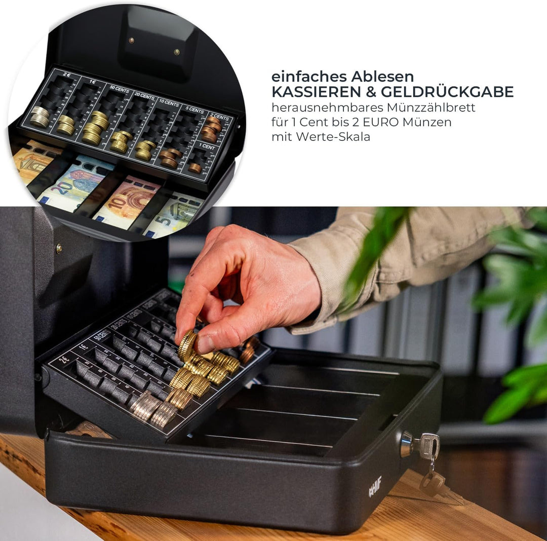 HMF 4215-02 Geldkassette abschliessbar mit Münzzählbrett | 30,5 x 24 x 8,5 cm | Schwarz, Schwarz