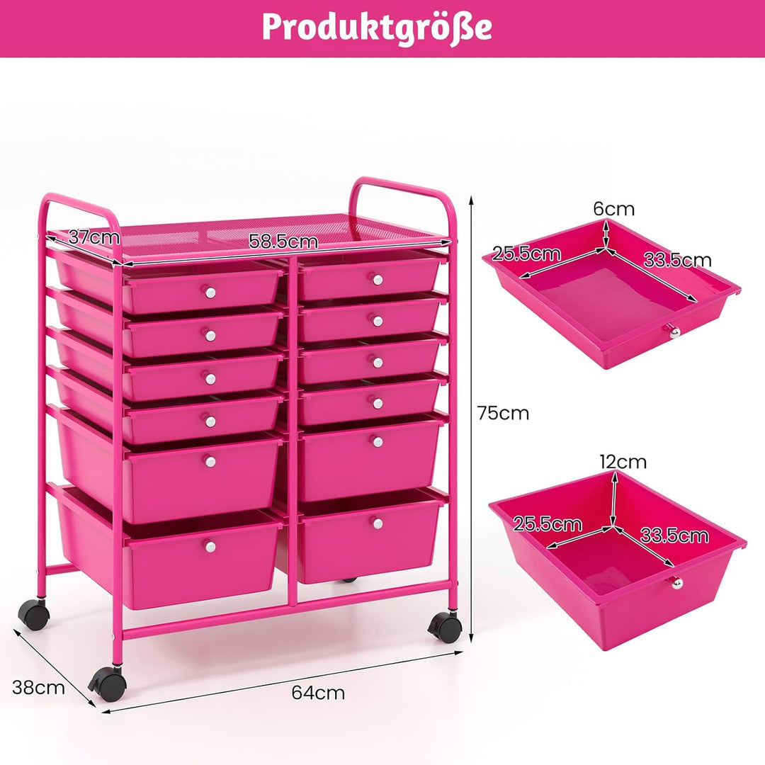 COSTWAY Rollwagen mit 12 stapelbaren Schubladen, Schubladenwagen Rollcontainer mit Metallgestell und