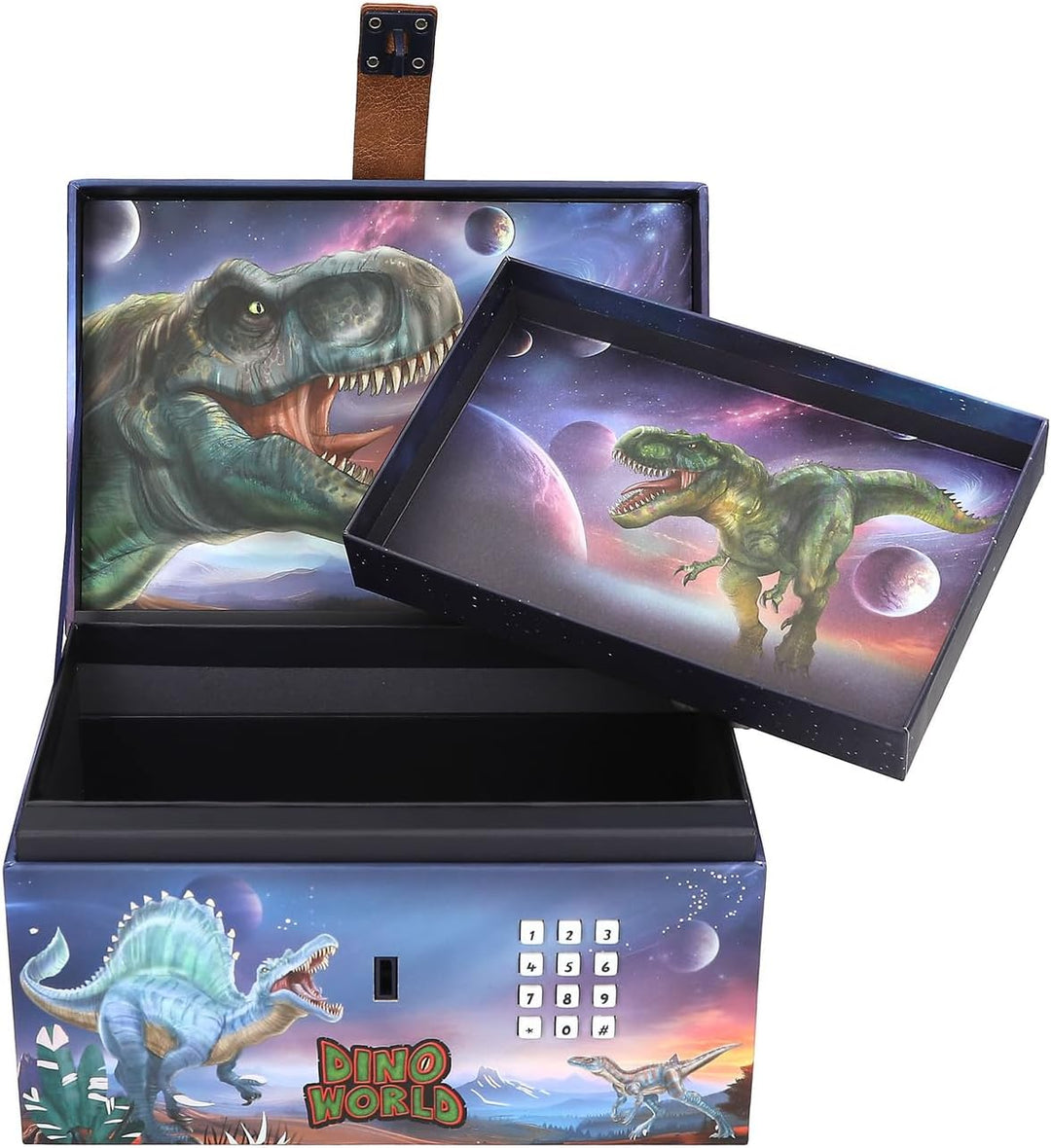 Depesche 13441 Dino World - Schatztruhe im Dino Design mit Planeten, Aufbewahrungsbox mit Code, Soun