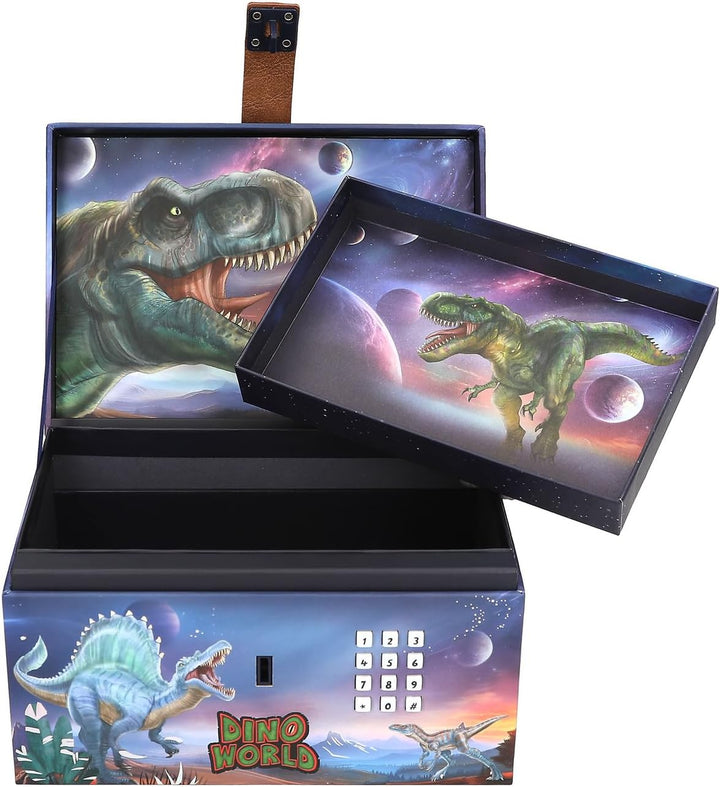 Depesche 13441 Dino World - Schatztruhe im Dino Design mit Planeten, Aufbewahrungsbox mit Code, Soun