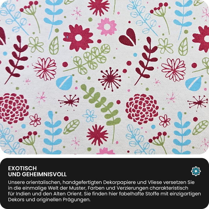 Netuno 50 Blatt Weiss Dekorpapier mit Blumen-und Blättermotiv in Grün, Rosa und Blau, 180x250mm, han