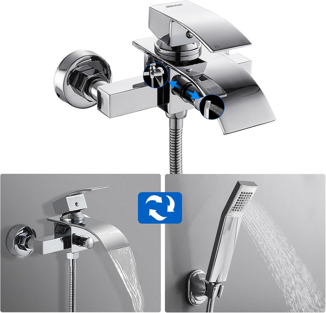 BONADE Badewannenarmatur mit Handbrause, Wannenarmatur mit Brause mit Wasserfall Auslauf, Mischbatte