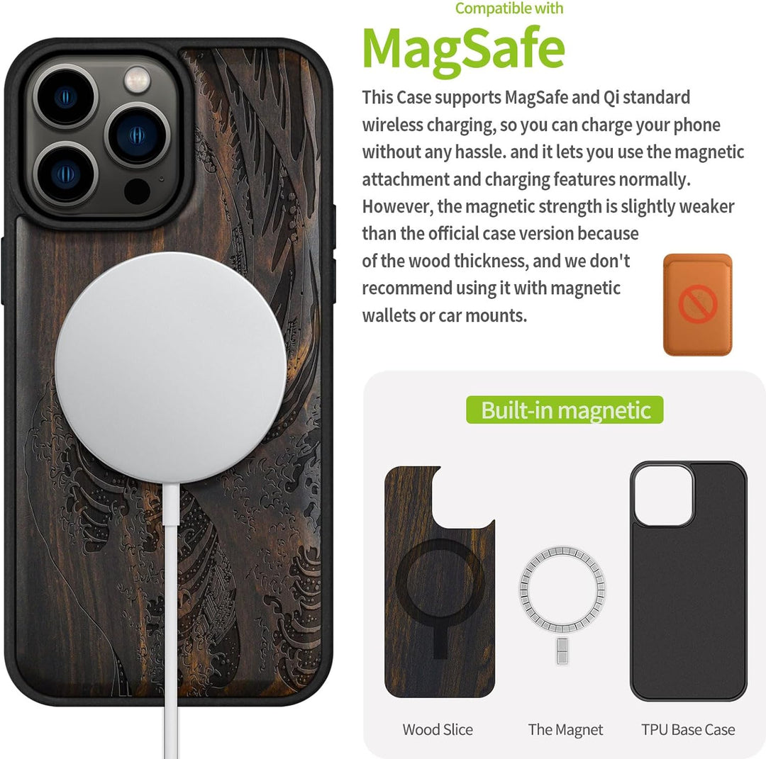 Carveit Handyhülle für iPhone 15 Pro Max Cover Kompatibel mit Magsafe [Holz und TPU Silikon Hybrid h