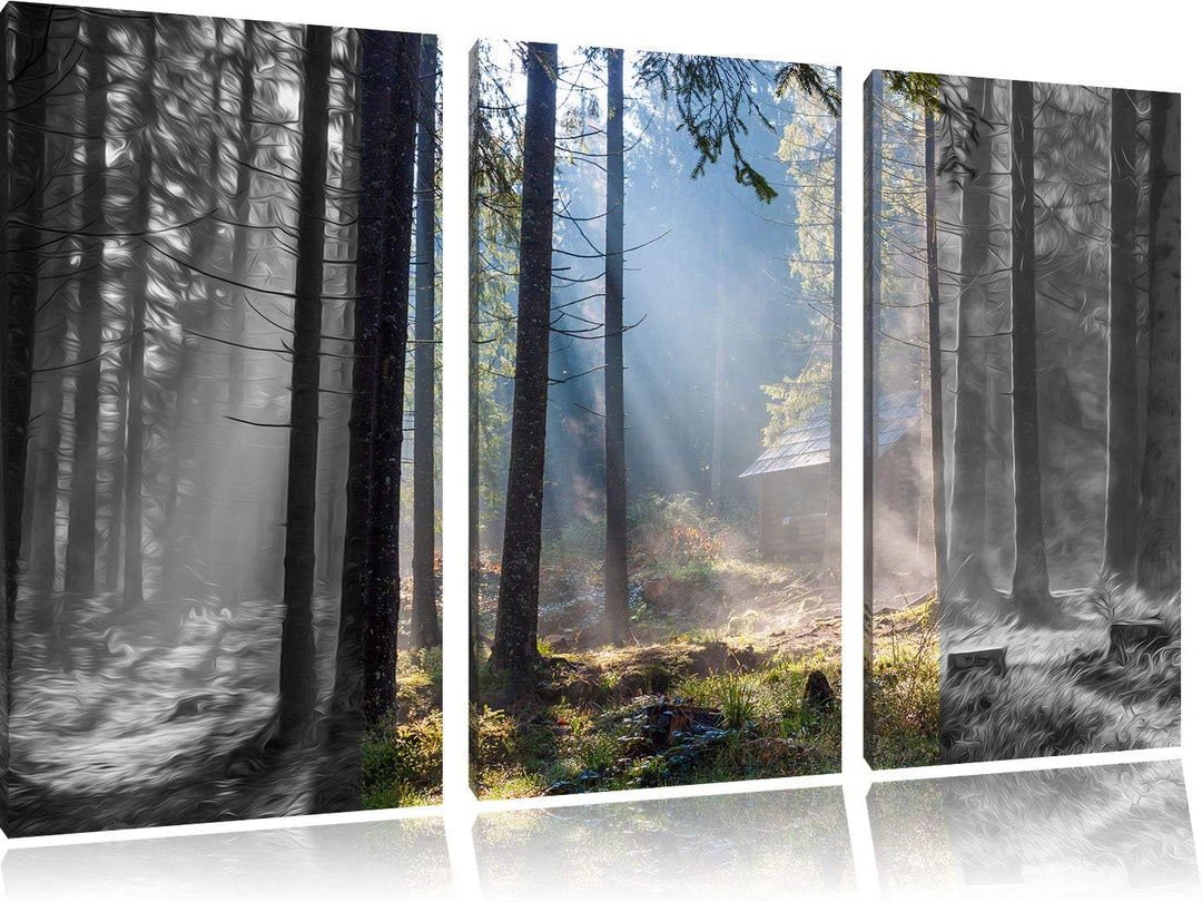 Häuschen im Wald mit Sonnenstrahlen schwarz/weiss 3-Teiler Leinwandbild 120x80 Bild auf Leinwand, XX