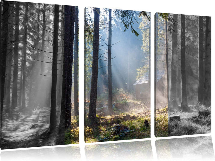 Häuschen im Wald mit Sonnenstrahlen schwarz/weiss 3-Teiler Leinwandbild 120x80 Bild auf Leinwand, XX