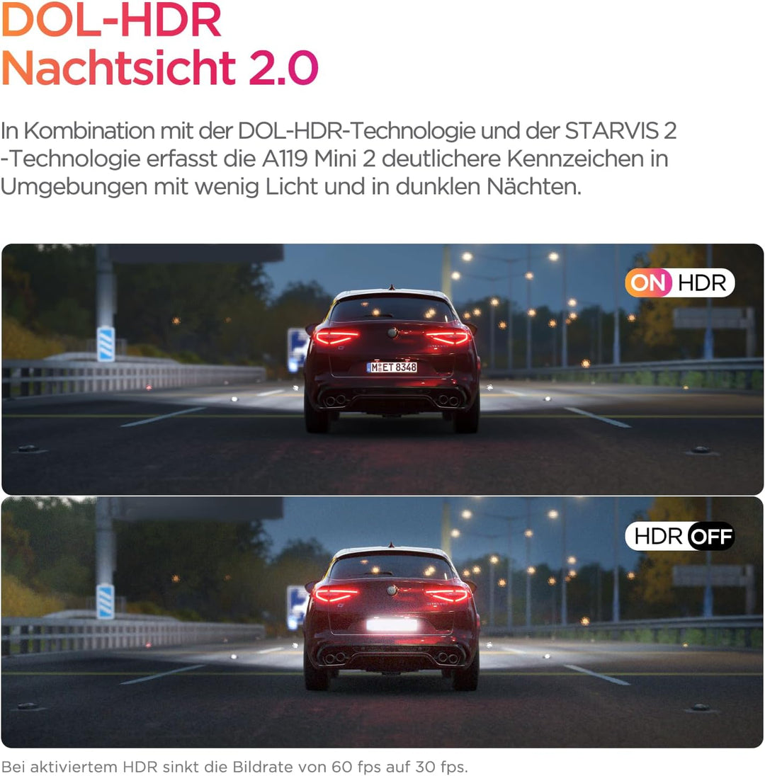 VIOFO Dashcam A119 Mini 2, Front 2,7K 5GHz Wi-Fi, 2K 60fps/HDR 30fps Sprachsteuerung, STARVIS 2 Verb